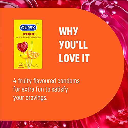 Durex Condoms, Tropical Flavors & Colours Lubricated, 12 Count Durex