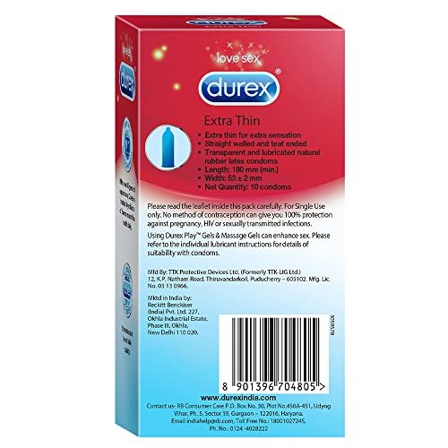 Durex Extra Thin Condoms for Men - 10 Count | Suitable for use with lubes & toys Durex